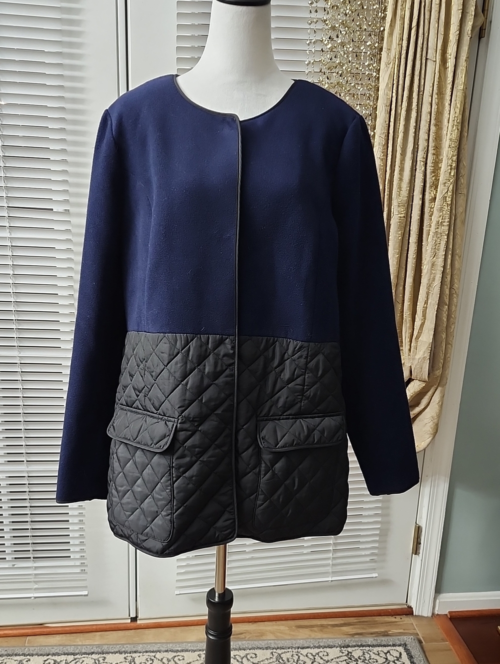 crown & ivy Navy and Black Quilted-Hem Collarless Utility Jacket